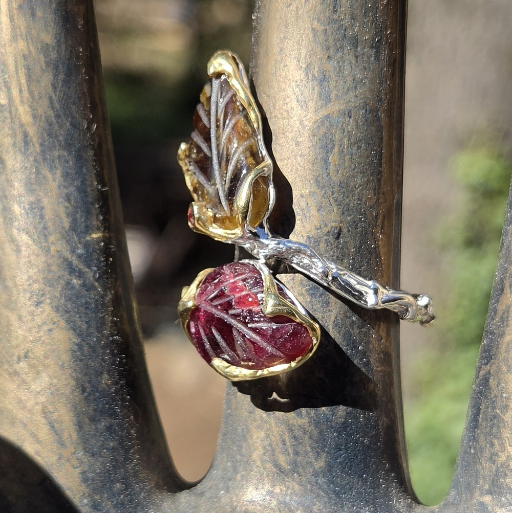 Tourmaline 16k & Rhodalite & Citrine Sterling & Gold Wrap Ring Sz9 Adjustable - Picture 4 of 9